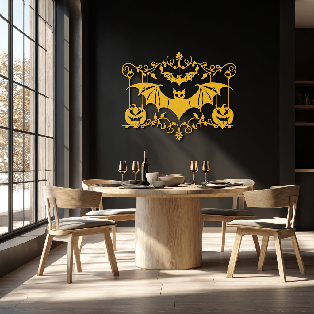 Halloween Bat Pumpkin Metal Wall Art – Spooky Jack-O'-Lantern Steel Decor- KAF328