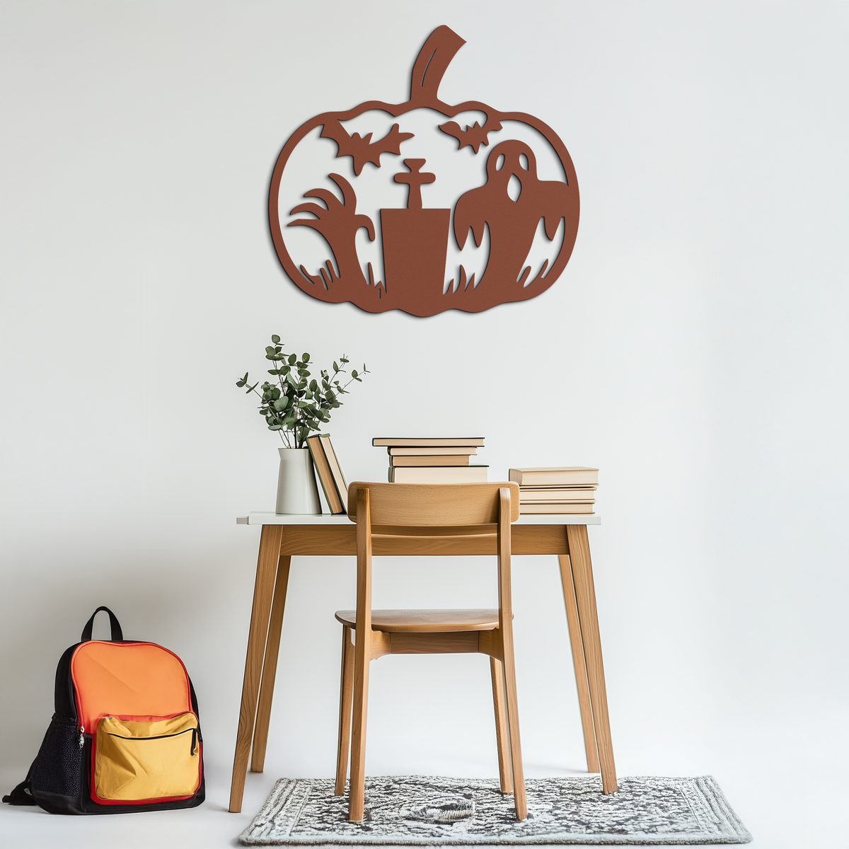 Halloween Ghost Pumpkin Metal Wall Art – Black Steel Spooky Holiday Decoration- KAF503