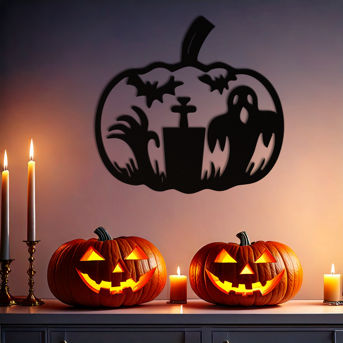 Halloween Ghost Pumpkin Metal Wall Art – Black Steel Spooky Holiday Decoration- KAF503
