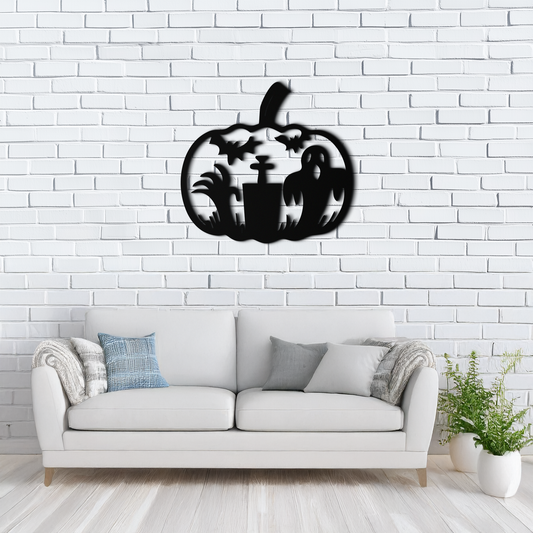 Halloween Ghost Pumpkin Metal Wall Art – Black Steel Spooky Holiday Decoration- KAF503