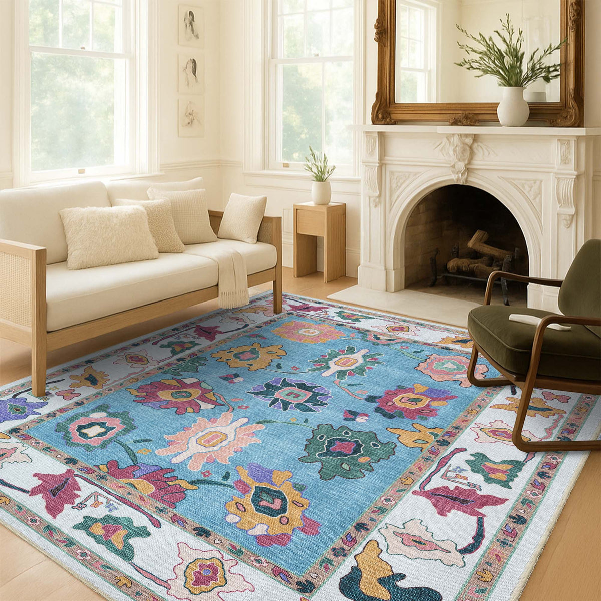 Farhana Green Colorful Floral Modern Oushak Rug