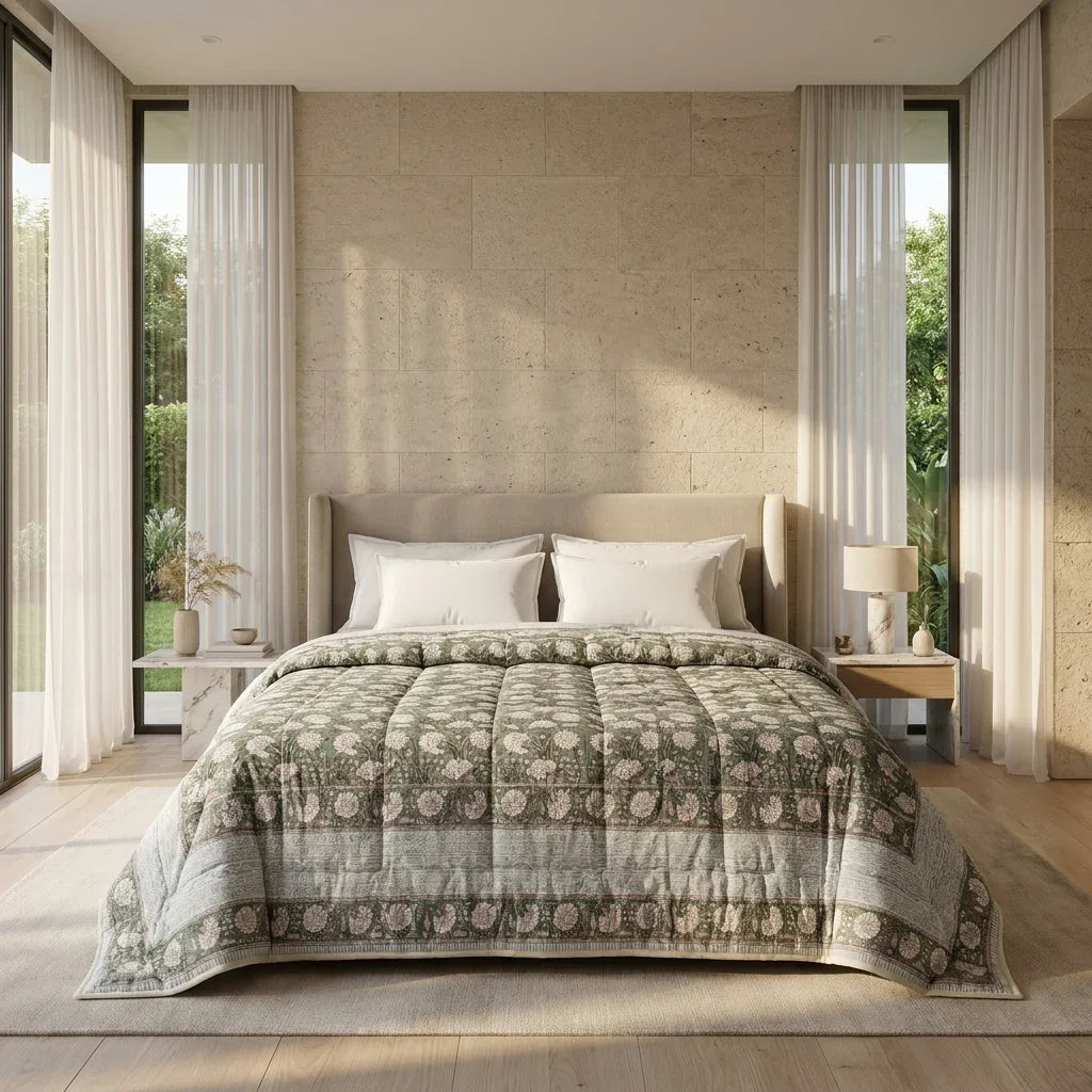 Forest Green Floral Jaipur Indian Hand Block Print Quilted Comforter