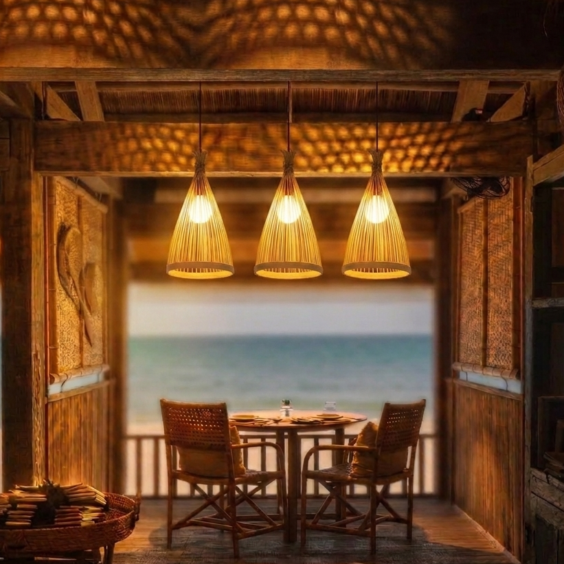 Rustic Bamboo Cone Pendant Light | Wabi-Sabi Decor