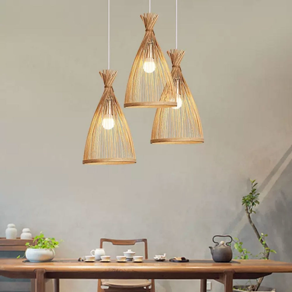 Rustic Bamboo Cone Pendant Light | Wabi-Sabi Decor