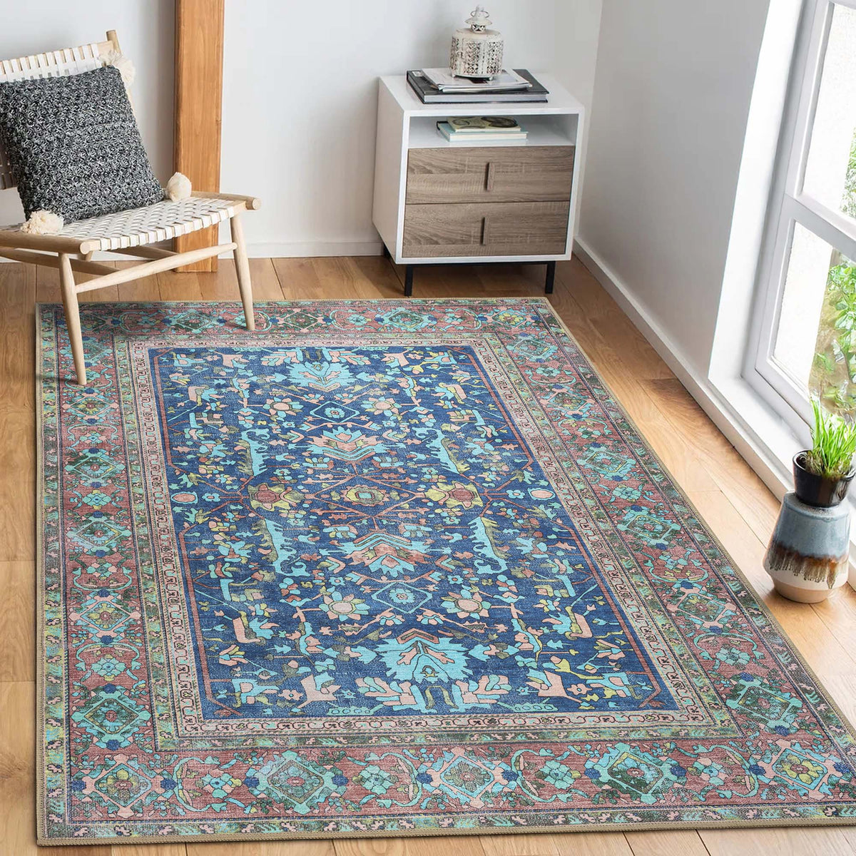 Navy Blue Boho Oushak Washable Rug