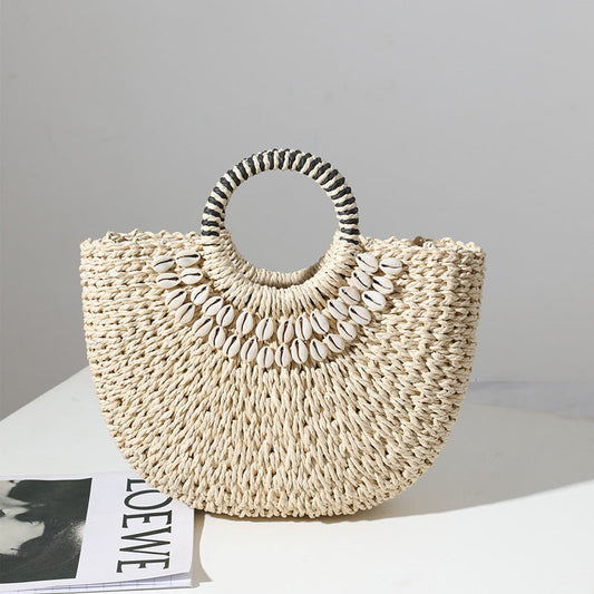 Retro Straw Bag Portable Semicircle Shell Handmade Straw Bag Woven Bag