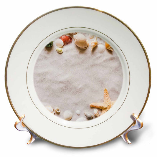 3dRose Image of Starfish and Seashells on Sand - Sandy Beach- Plates (cp-371794)