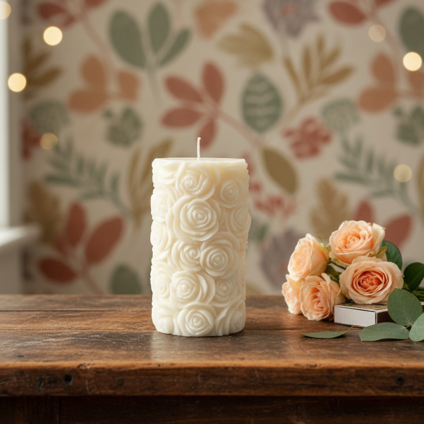 Botanical Rose Pillar Candle