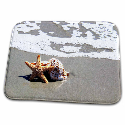 Dish Drying Mat - Print of Star Fish And Seashell On Beach Shells