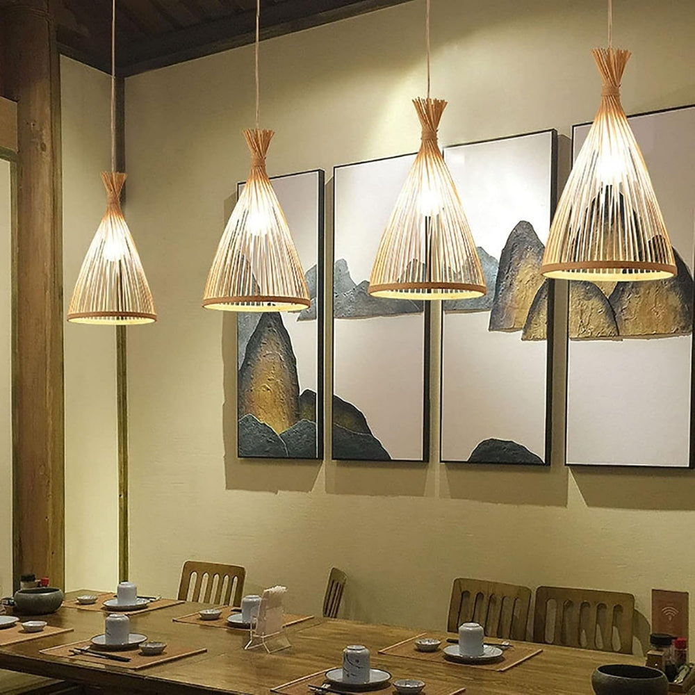 Rustic Bamboo Cone Pendant Light | Wabi-Sabi Decor