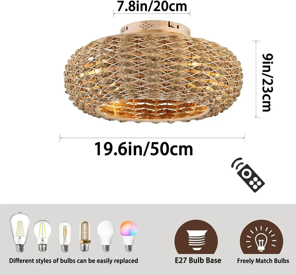 Bamboo Ceiling Fan Fans With Lights Remote Control Ventilator 50cm Air Invisible Blades
