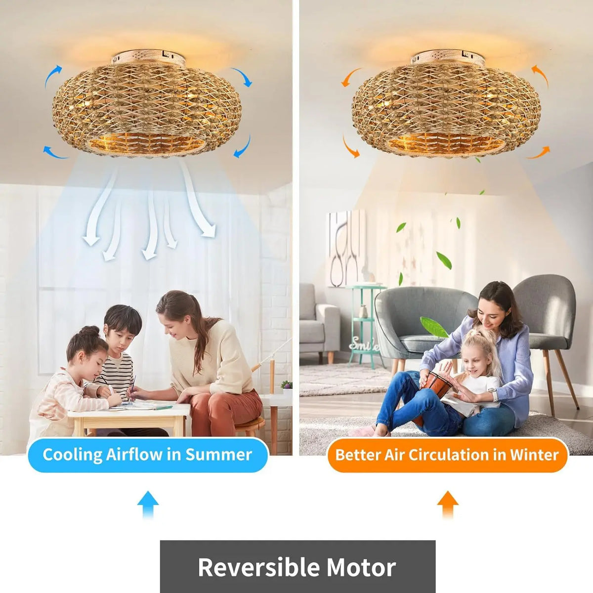 Bamboo Ceiling Fan Fans With Lights Remote Control Ventilator 50cm Air Invisible Blades