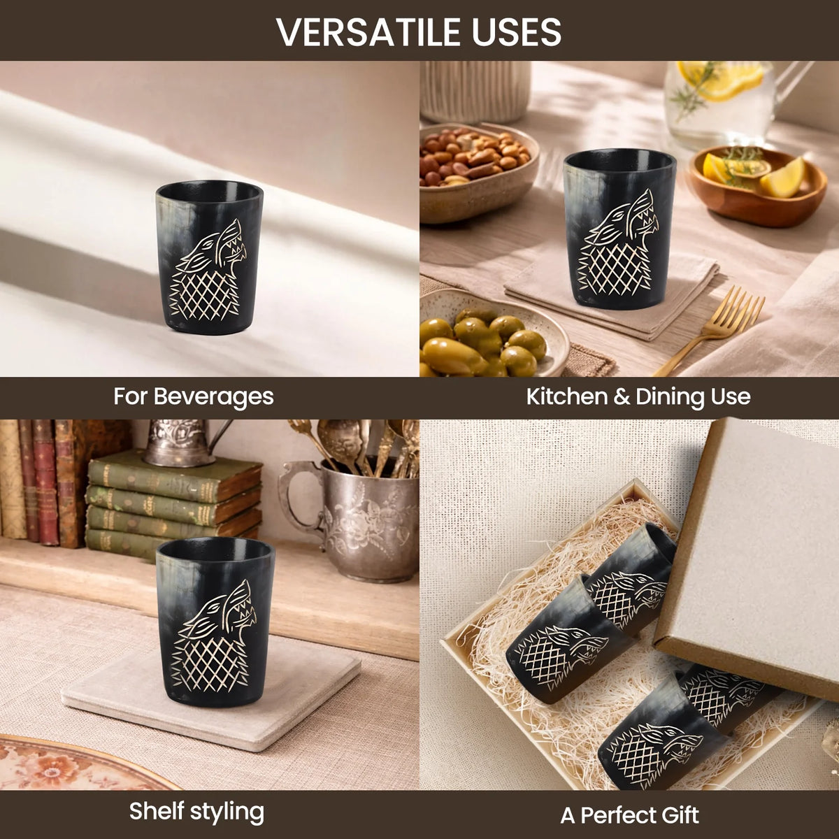 Whiskey Shot Cups Set Viking Wolf Pattern Real Ox Horn 6.5 oz, Pack 4, 8 & 12