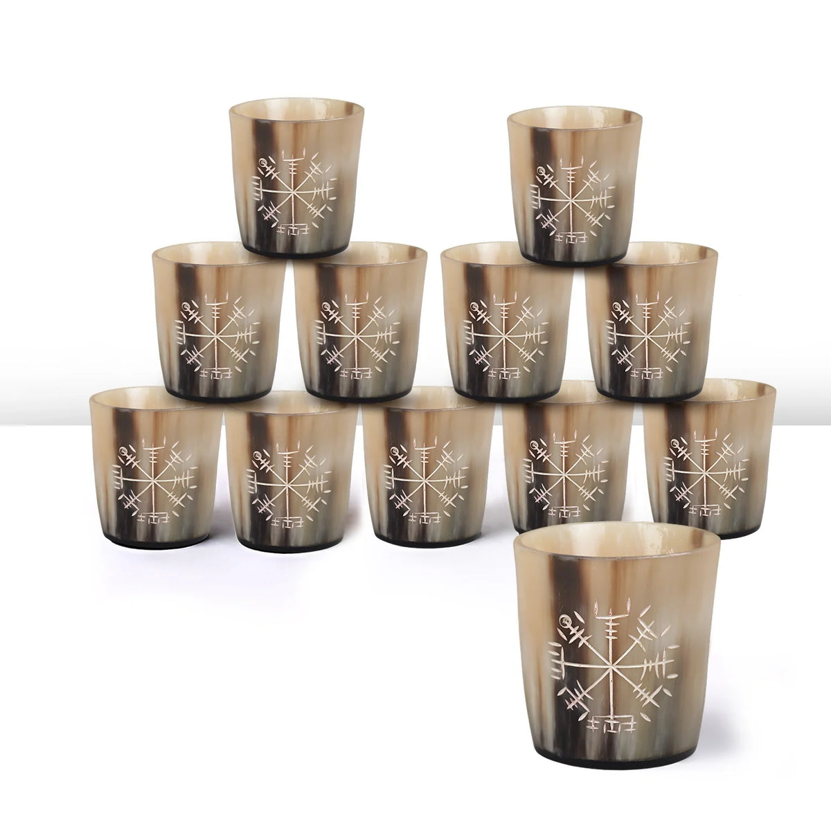 Whiskey Shot Cups Set Wayfinder Pattern Real Ox Horn 6.5 oz, Pack 4, 8 & 12