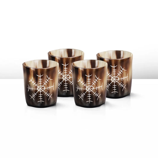 Whiskey Shot Cups Set Nordic Compass Pattern Real Ox Horn 6.5 oz, Pack 4, 8 & 12