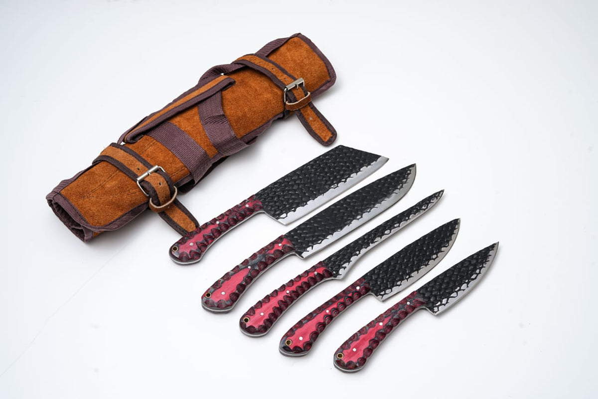 5-Piece Hand-Forged Kitchen Knife Set - Dragon Scale Carbon Steel - Red Diamond Wood