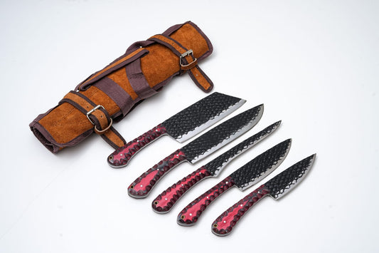 5-Piece Hand-Forged Kitchen Knife Set - Dragon Scale Carbon Steel - Red Diamond Wood