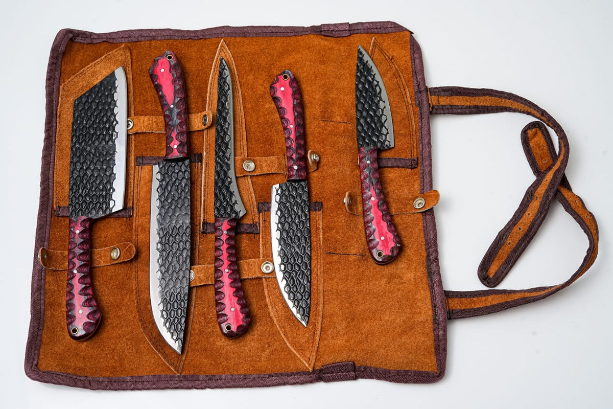5-Piece Hand-Forged Kitchen Knife Set - Dragon Scale Carbon Steel - Red Diamond Wood