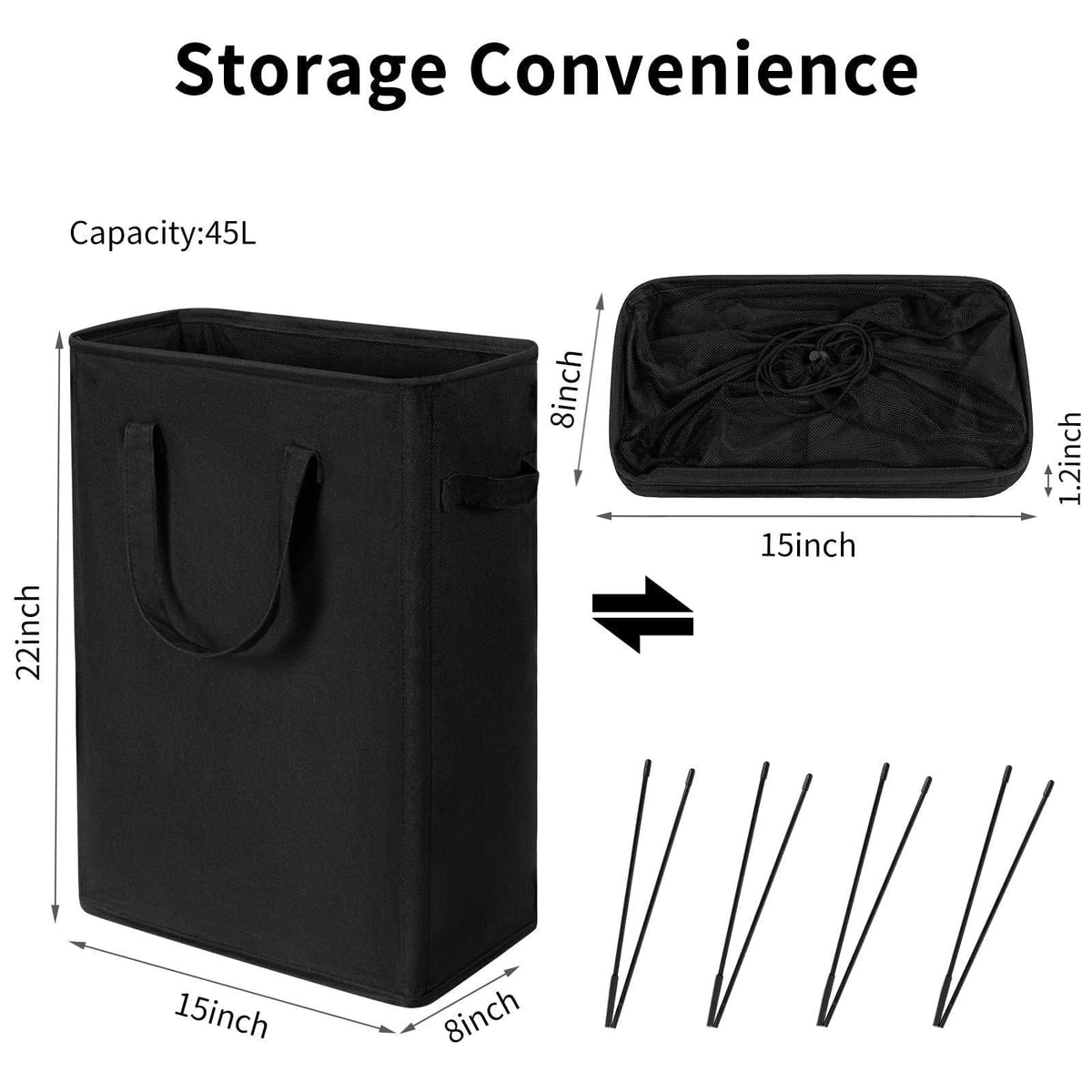 Slim Collapsible Laundry Basket Thin Dirty Clothes Basket Narrow 21"Black)