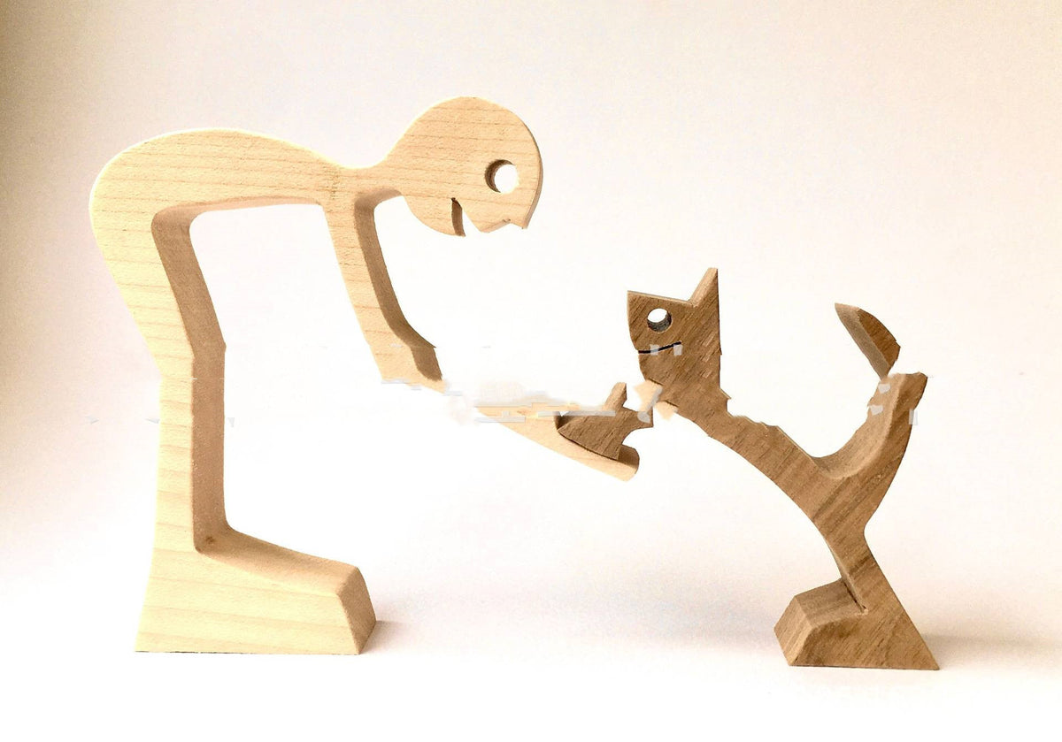 DIY Figurine Wood Dog Ornament Sculpture Home Decoration A Man A Dog Wood Sculpture