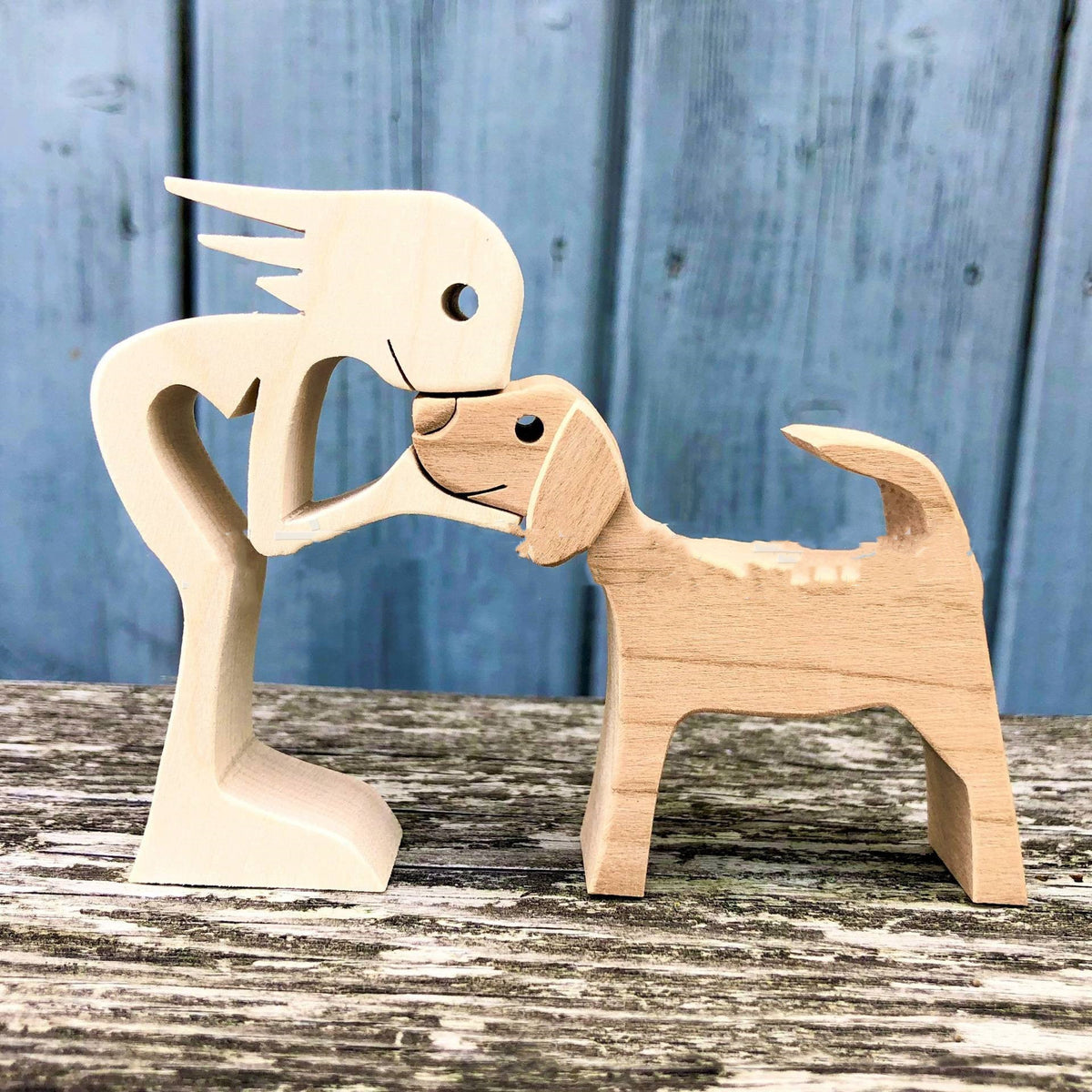 DIY Figurine Wood Dog Ornament Sculpture Home Decoration A Man A Dog Wood Sculpture