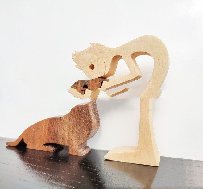 DIY Figurine Wood Dog Ornament Sculpture Home Decoration A Man A Dog Wood Sculpture