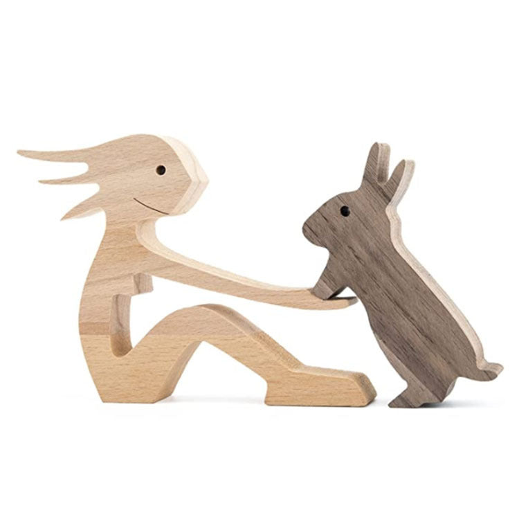 DIY Figurine Wood Dog Ornament Sculpture Home Decoration A Man A Dog Wood Sculpture