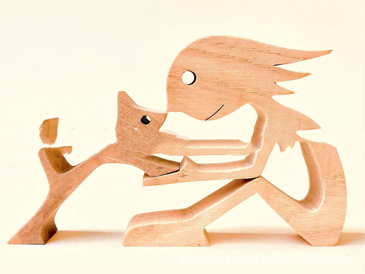 DIY Figurine Wood Dog Ornament Sculpture Home Decoration A Man A Dog Wood Sculpture