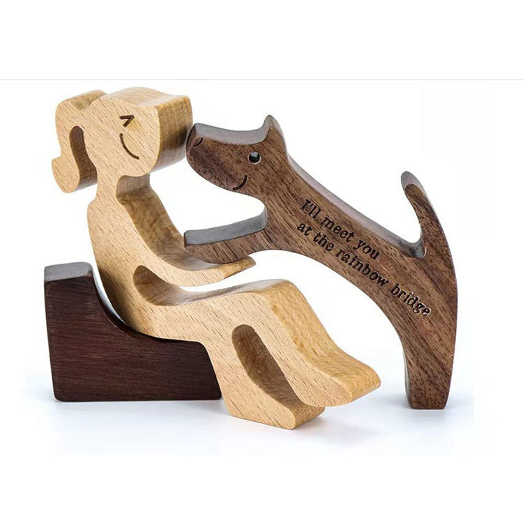 DIY Figurine Wood Dog Ornament Sculpture Home Decoration A Man A Dog Wood Sculpture