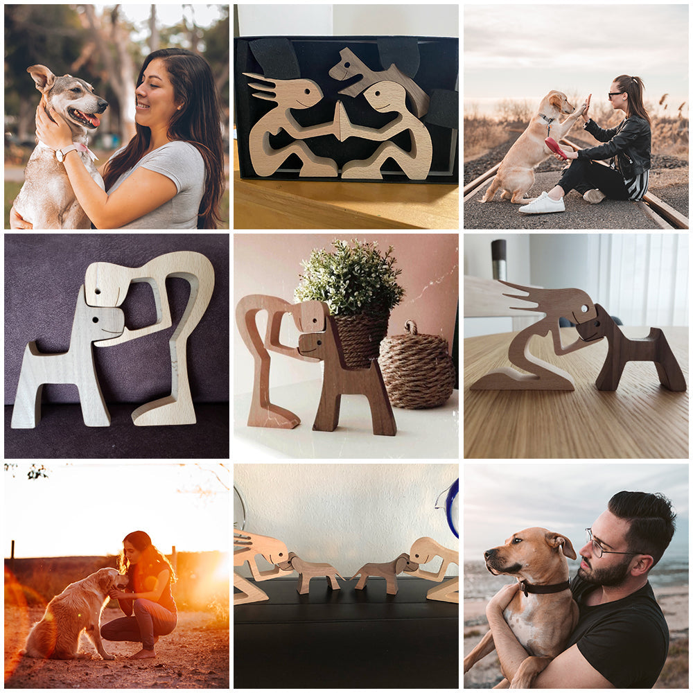 DIY Figurine Wood Dog Ornament Sculpture Home Decoration A Man A Dog Wood Sculpture