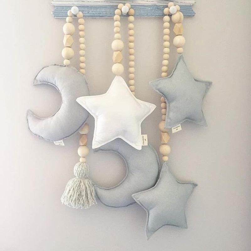 Hanging Nordic Wooden Beads Ornament Double Star Moon Kids Room Decoration Baby Crib