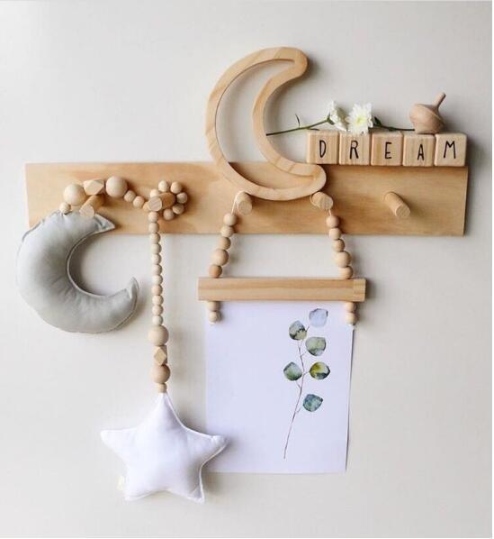 Hanging Nordic Wooden Beads Ornament Double Star Moon Kids Room Decoration Baby Crib