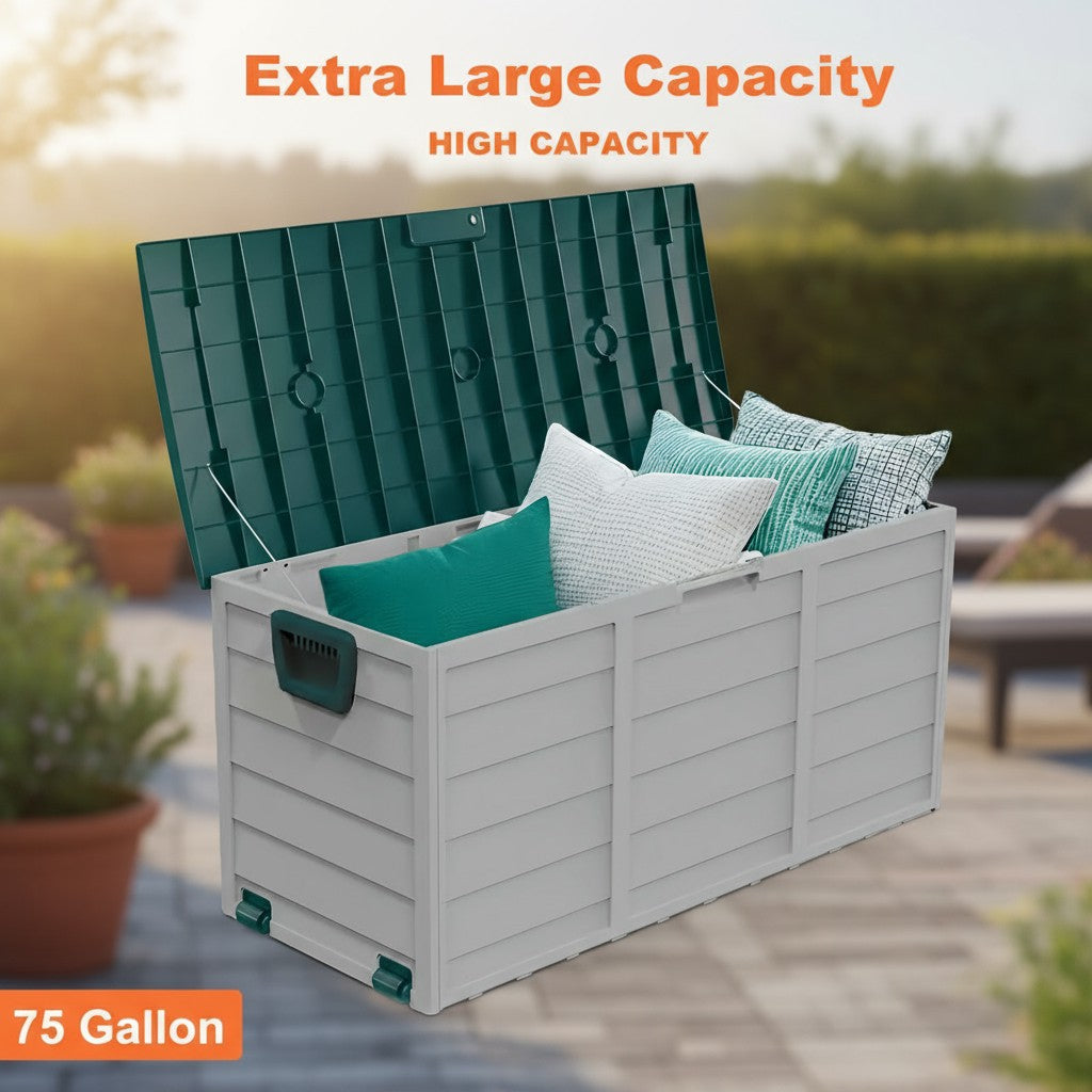 75 Gallon Heavy-Duty Outdoor Deck Box – Waterproof Patio Storage Box with Hinged Lid