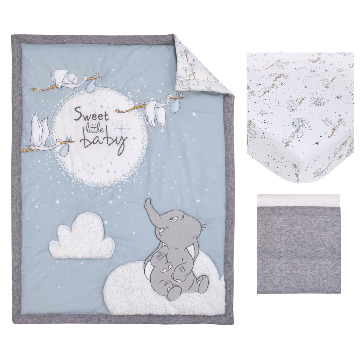 Dumbo Sweet Little Baby Storks, Stars, Clouds and Moon 3 Piece Nursery Crib Bedding Set