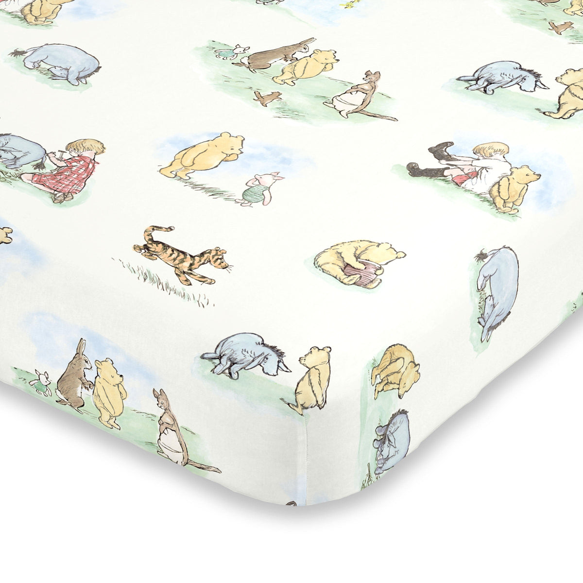 Disney Winnie the Pooh Ivory, Blue, Sage, Tan Storybook 6 Piece Nursery Crib Set
