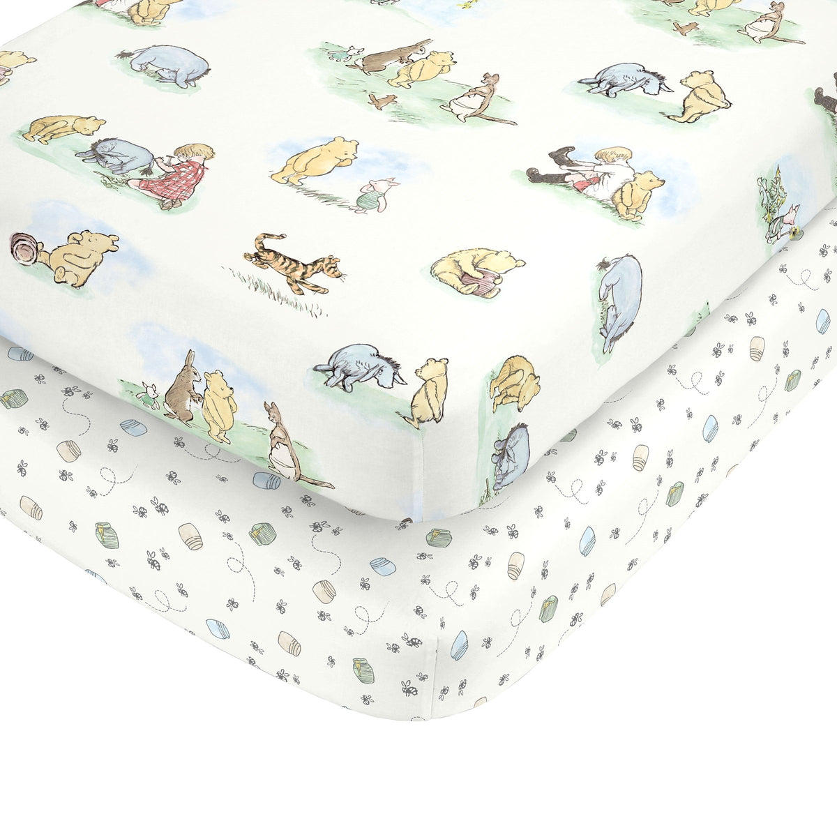 Disney Winnie the Pooh Ivory, Blue, Sage, Tan Storybook 6 Piece Nursery Crib Set
