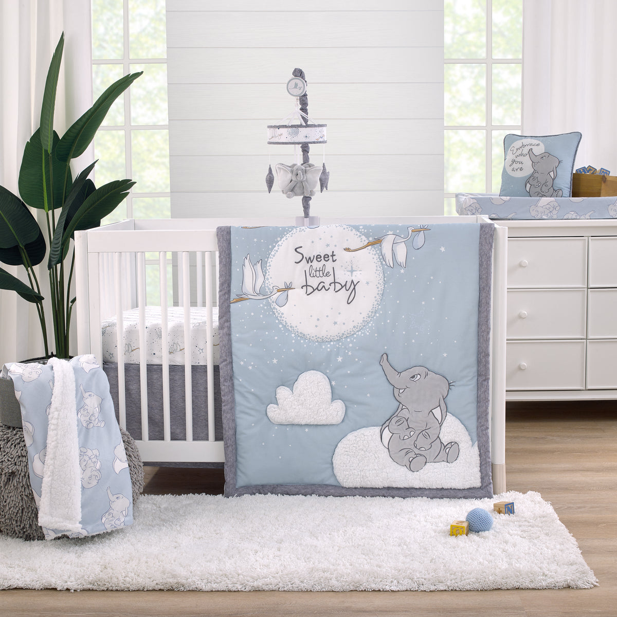 Dumbo Sweet Little Baby Storks, Stars, Clouds and Moon 3 Piece Nursery Crib Bedding Set